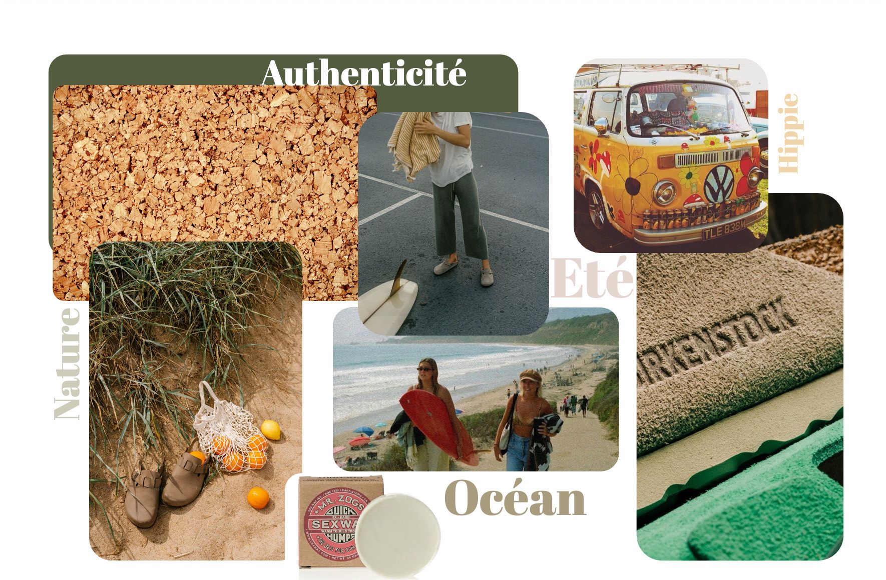 Moodboard authenticité, nature, océan, esprit hippie