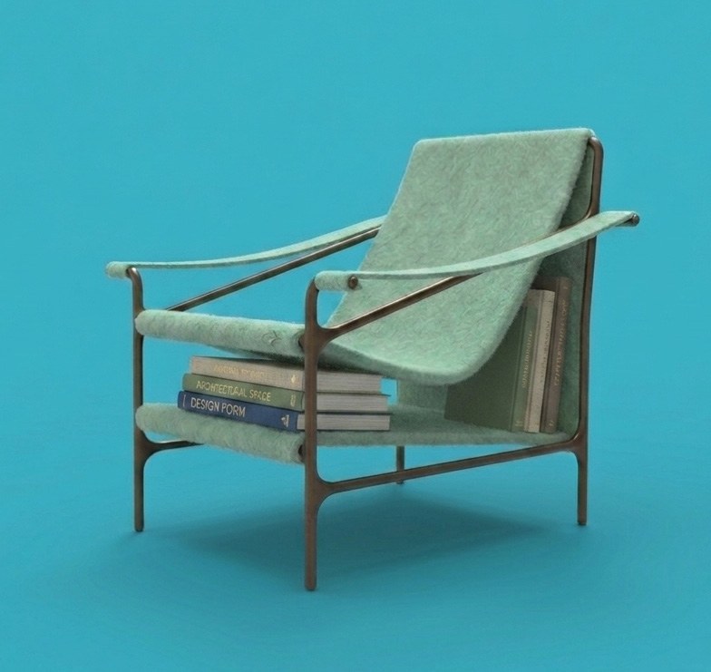 Rendu du fauteuil de lecture final en feutre vert sauge