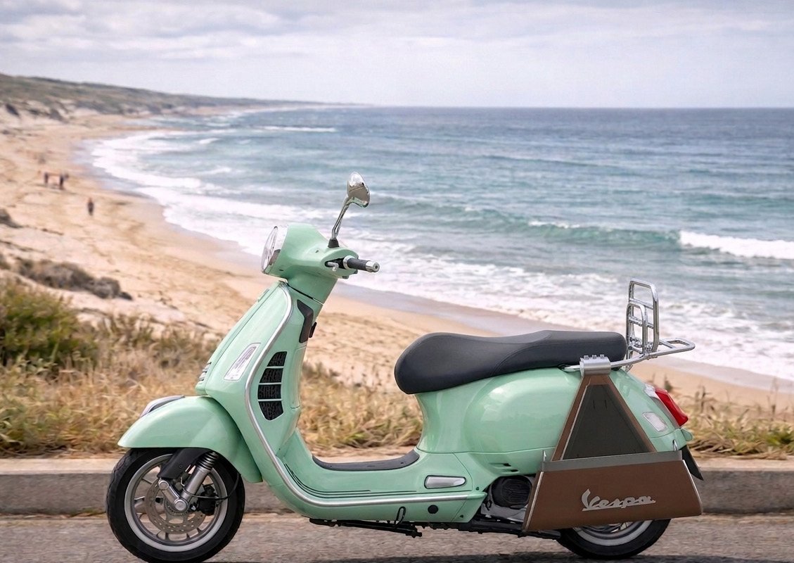 Le prototype en situation sur la côte, monté sur un Vespa vert menthe